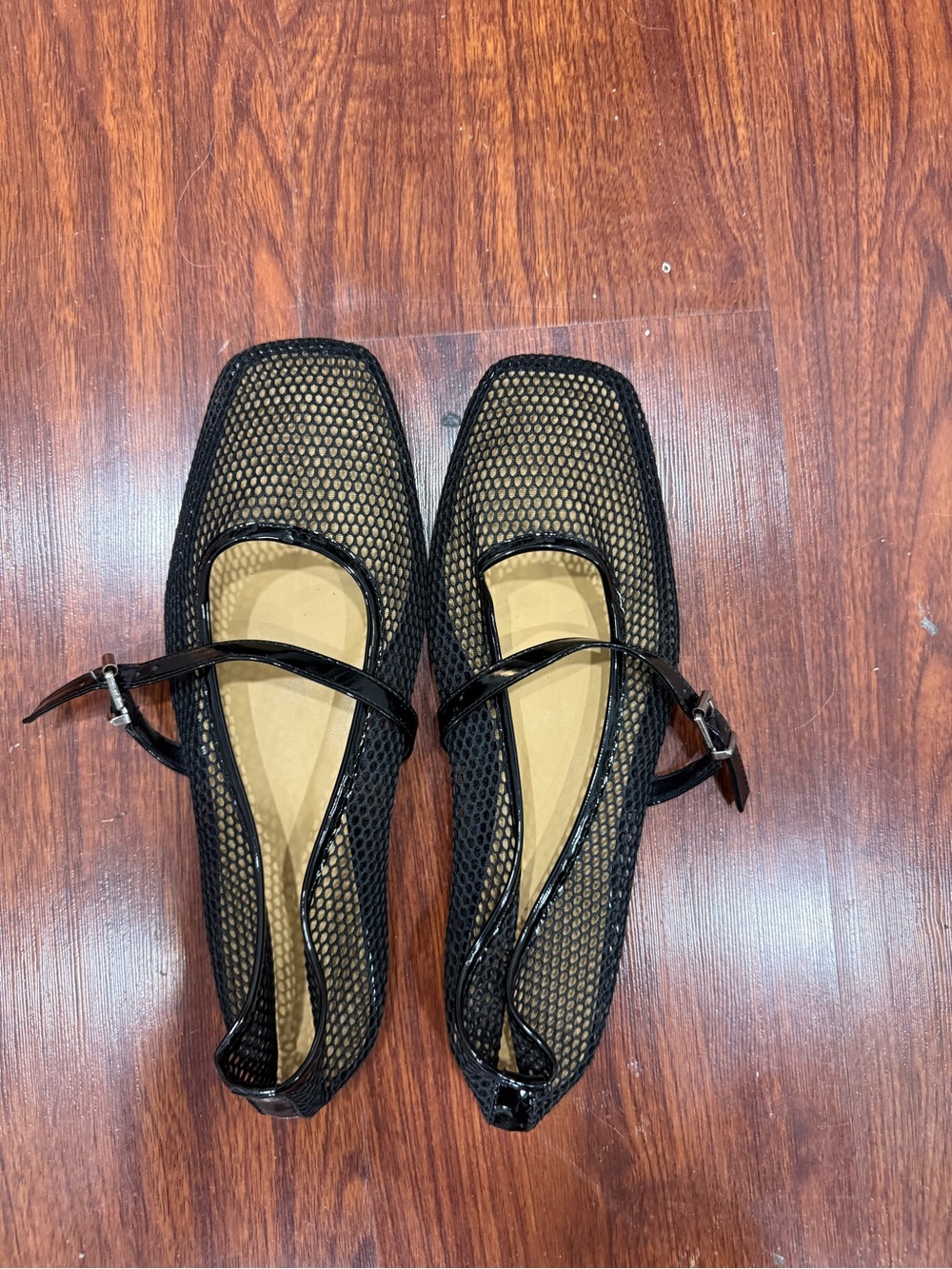 Black Mesh Mary Jane Flats with Patent-Strap Detail